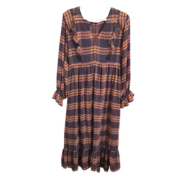 Madewell Sheer Plaid Full-Sleeve Ruffle Dress Grunge Size 6 - Picture 2 of 7